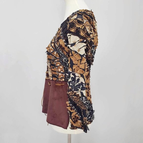 Punky Girl Brown Multi Print Distressed Beaded Top - Picture 7 of 15